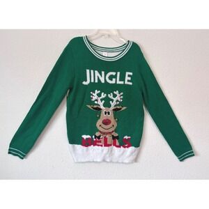 Christmas Sweater Kids Large Jingle Bells Reindeer Green White Holiday
